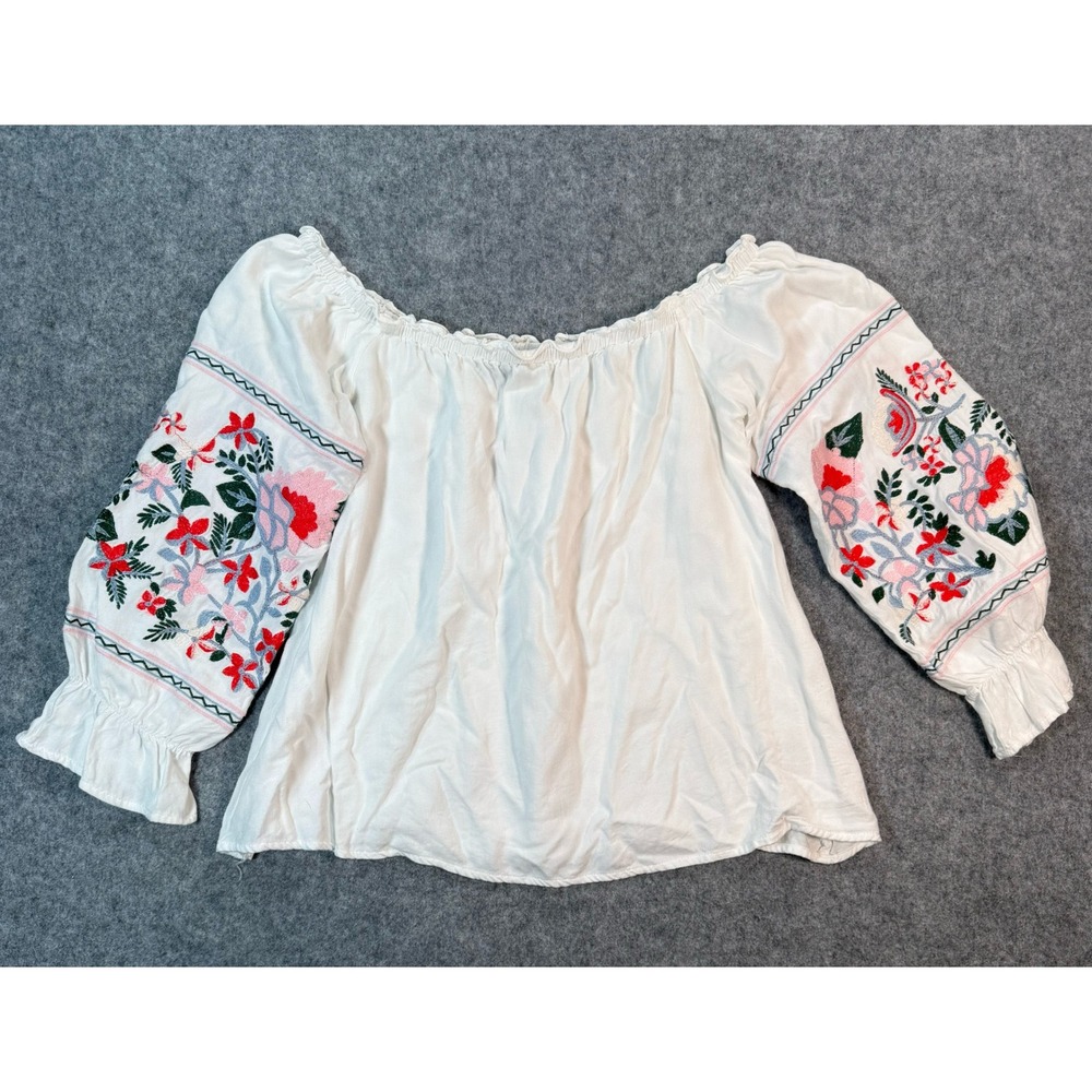 Sugar Lips White Floral Embroidered Off The Shoulder Boho Blouse XS